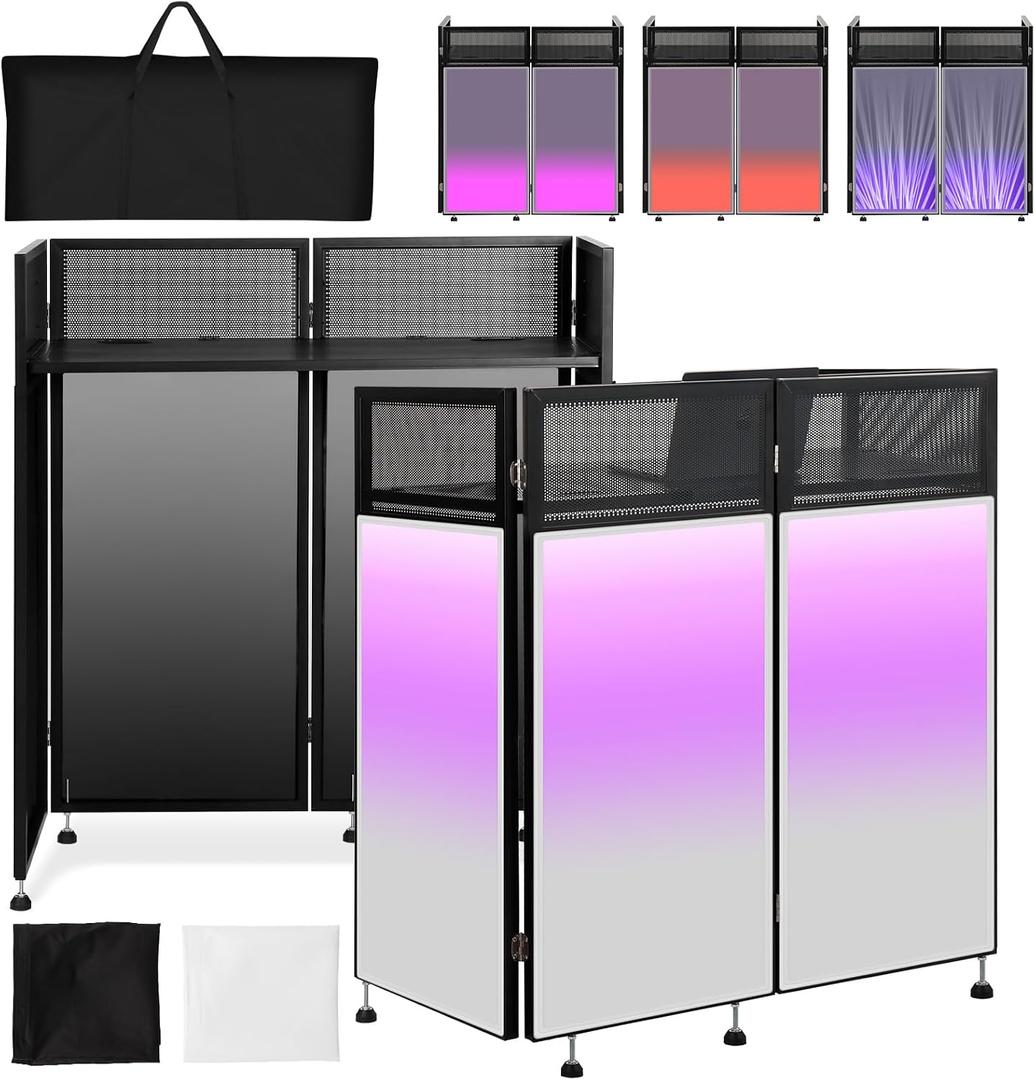 Kokorona Portable DJ Booth 43"L x 20"W x 45"H, DJ Facade Booth with Black & White Scrims, Folding DJ Booth for Party, DJ Facade Table Booth with Cable Hole, Black Metal Frame + Carry Bag
