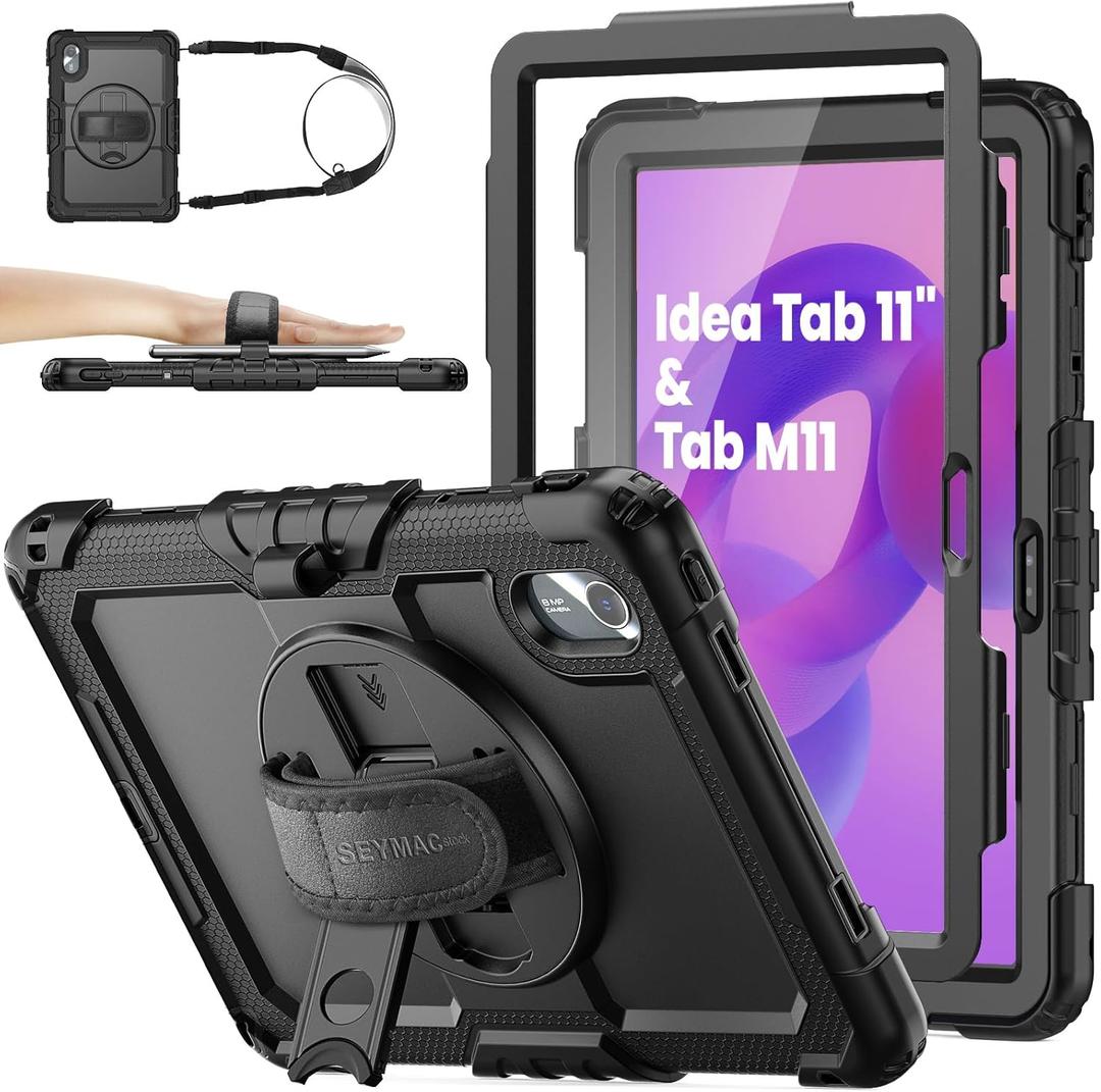 SEYMAC stock Tablet Case for Lenovo Idea Tab 11'' / M11 (TB336FU/TB330FU) 11 inch Drop-Proof Protection Cover with 360° Rotate Stand & Strap [Pen Holder] & Screen Protector 2025/2024, Black