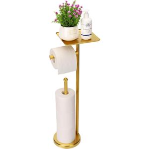 Noonext Gold Toilet Paper Holder Stand, Freestanding Toilet Paper Stand with Tray for Small Items, Toilet Paper Holder with Shelf, Storage Space for 4 Extra Toilet Paper Rolls (Gold)