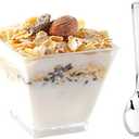 I00000 100 Pack Plastic Dessert Cups with Mini Spoons, Includes 100 Pieces Disposable Clear Mini Square Cups 2 Oz and 100 Pieces Silver Tasting Spoons for Party