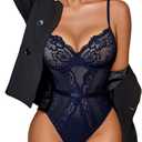 Avidlove Women Lingerie Bodysuit Lace Teddy Snap Crotch One Piece Underwire Babydoll (Medium, Navy Blue)