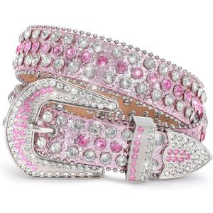 XZQTIVE Cowgirl Bling Studded Leather Belts for Jeans Pants with Rhinestone and Western Silver Buckle, Unisex (Fit waist 28-30 inch)