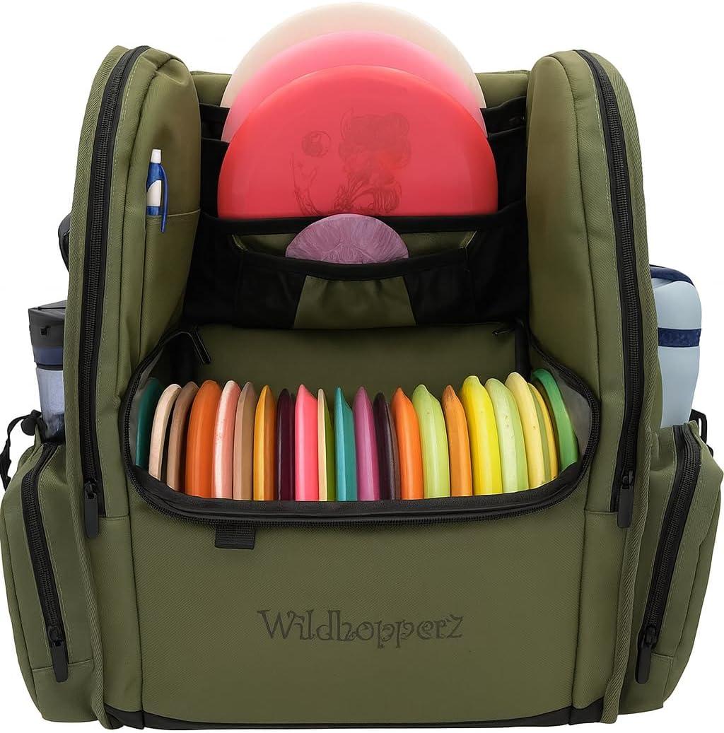 Disc Golf Backpack, Holds 26+ disk with putter slots, Heavy Duty 600D Polyester, Multiple Storage Pockets, Cinch Tie Drink Pockets, Pencil and Pad slots, Durable and Waterproof