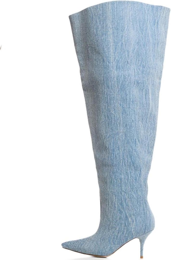 Women's Wide Calf Thigh High Heeled Boots Stiletto Cone Heel Boots Pointed Toe Pull On Black Boot Heels for Women (Blue) 8.5