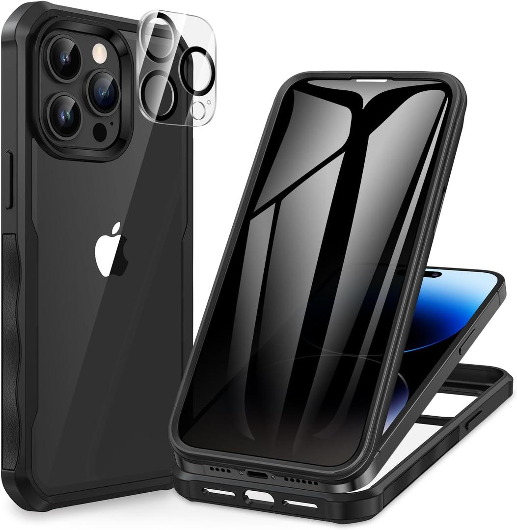 CENHUFO Privacy for iPhone 14 Pro Max Case, Full Body Phone Case with Built-in 9H Tempered Glass Privacy Screen Protector and Camera Lens Protector, Anti Peep Shockproof Bumper Clear Cover - Black