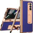 Miimall Compatible for Samsung Galaxy Z Fold 2 Case with S Pen, Stylus Pen with Pen Holder+Screen Cover+Alloy Kickstand+ Leather Pattern Plating All-Inclusive Hinge Protection Case for Fold 2 (Blue)