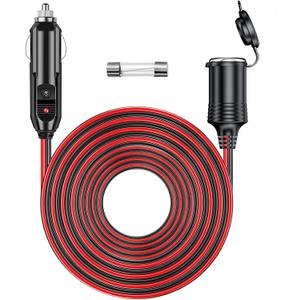 12V/24V Heavy Duty Cigarette Lighter Extension Cord 13.1FT with LED Light for Car Vehicle Tire Pump Air Compressor Refrigerator Coffee Maker etc. (1*Spare Fuse)