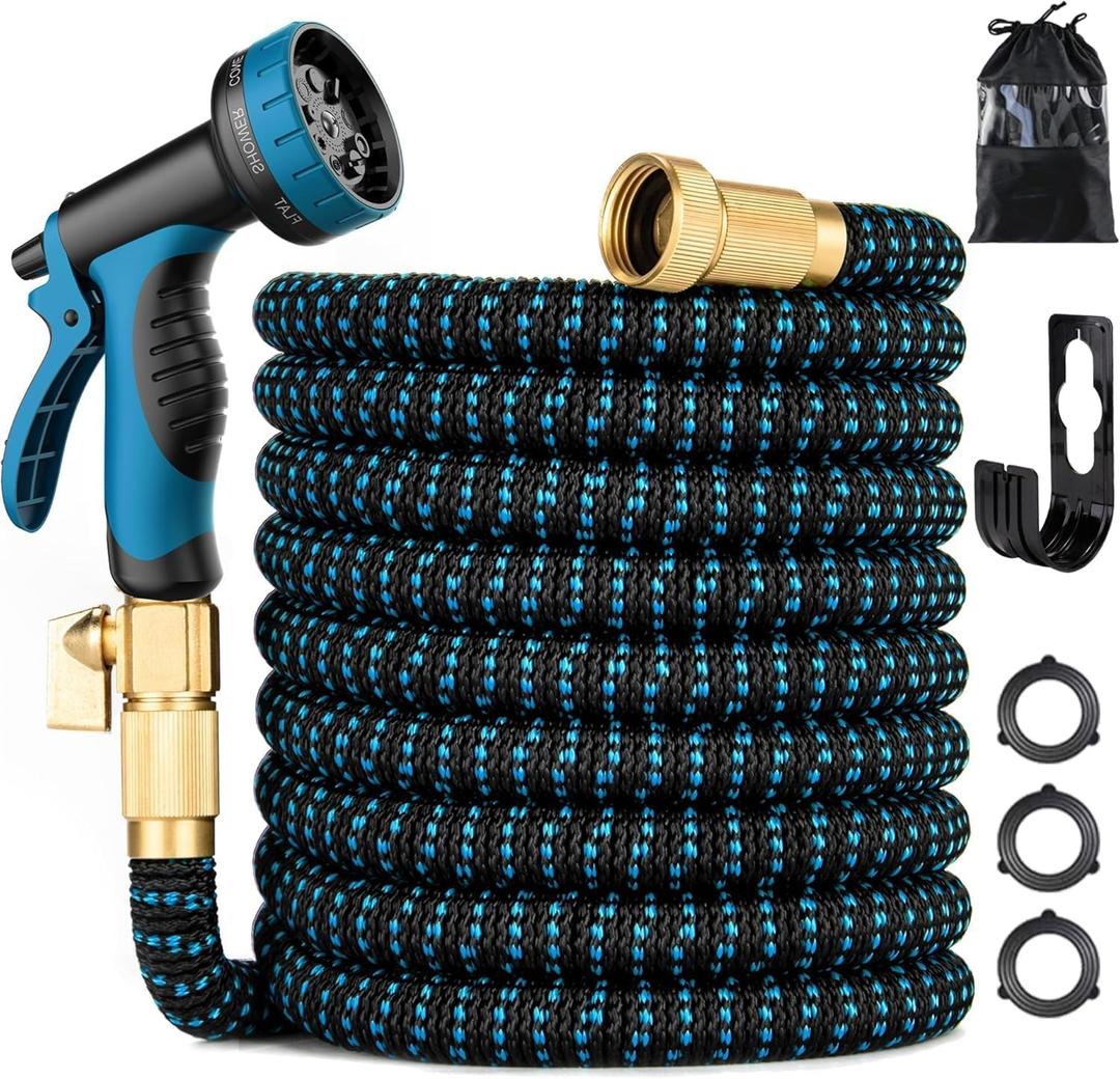 100 ft Expandable Garden Hose - Kink Free Flexible Water Hose with Thumb-Controlled 10-Function Nozzle, 3/4 Solid Brass Connectors, Retractable Latex Core - Lightweight Expanding Hose