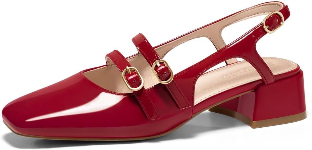 Coutgo Women's Mary Jane Chunky Low Heels Slingback Pumps Closed Square Toe Wedding Dress Shoes (8, Red)