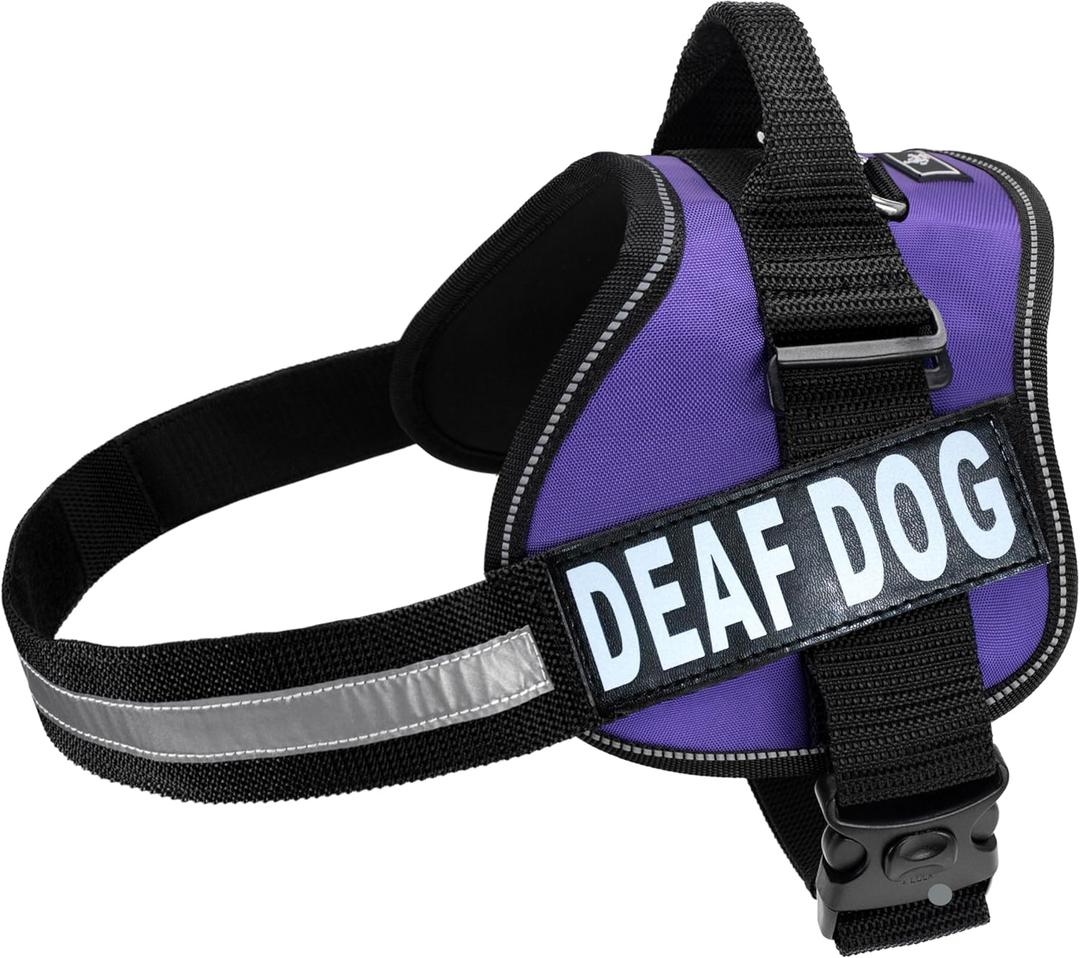 Doggie Stylz Dog Harness with Removable Patches and Reflective Trim. Dog Vest Comes with 2 Deaf Dog Reflective Hook and Loop Patches. Measure Dogs Girth Before Purchase (Girth 24" - 31" Purple)