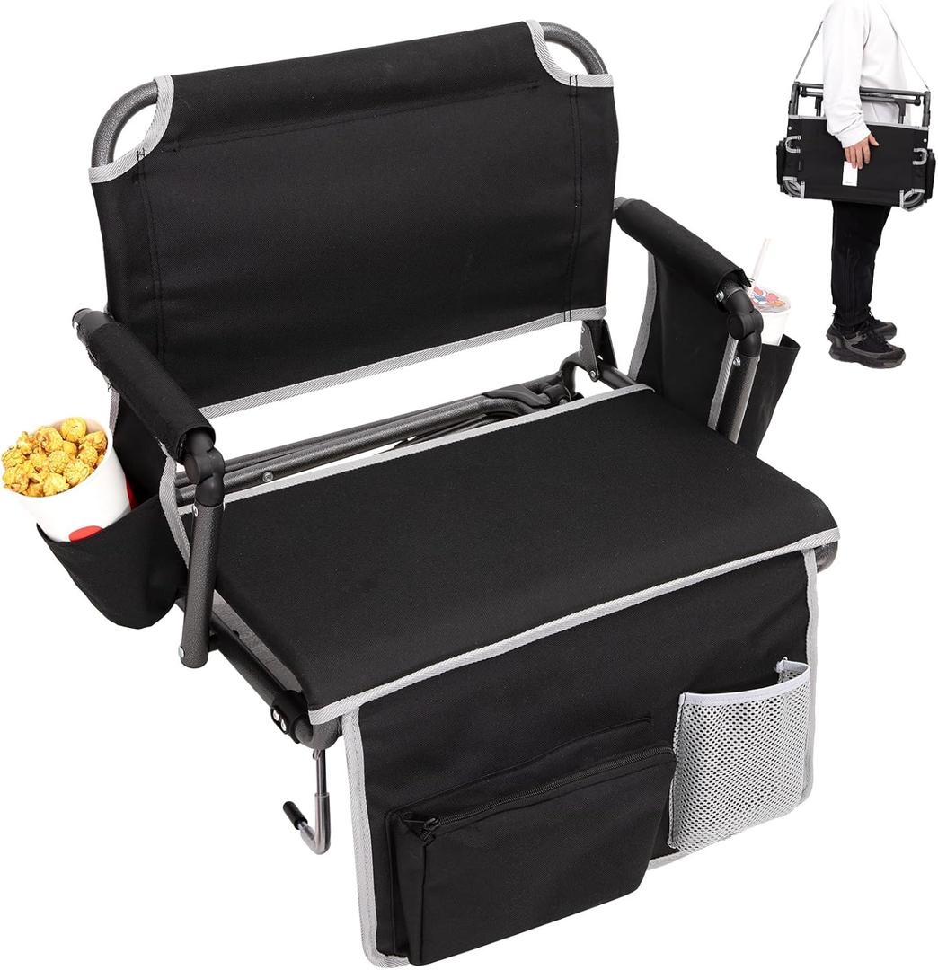 FUNDANGO Portable Stadium Seats with Back Support, Folding 2 in 1 Wide Bleacher Chair with Large Pocket and Cup Holder for Sport Events Concerts (1 Pack Black)