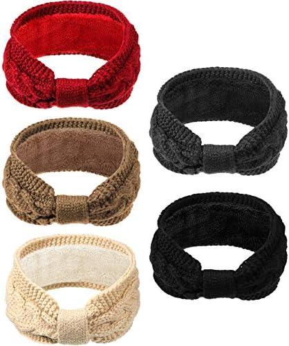 WILLBOND 4 Pieces Winter Cable Knit Headbands Fleece Lined Headbands Thick Crochet Turban Bowknot Ear Warmer for Women Girls