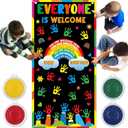 Classroom Welcome Door Cover Everyone is Welcome Banner Wall Door Decor DIY Colorful Handprint Art Craft with 4 PCS Large Ink Pads Diversity Back To School Hanging Banner Decoration for Kids
