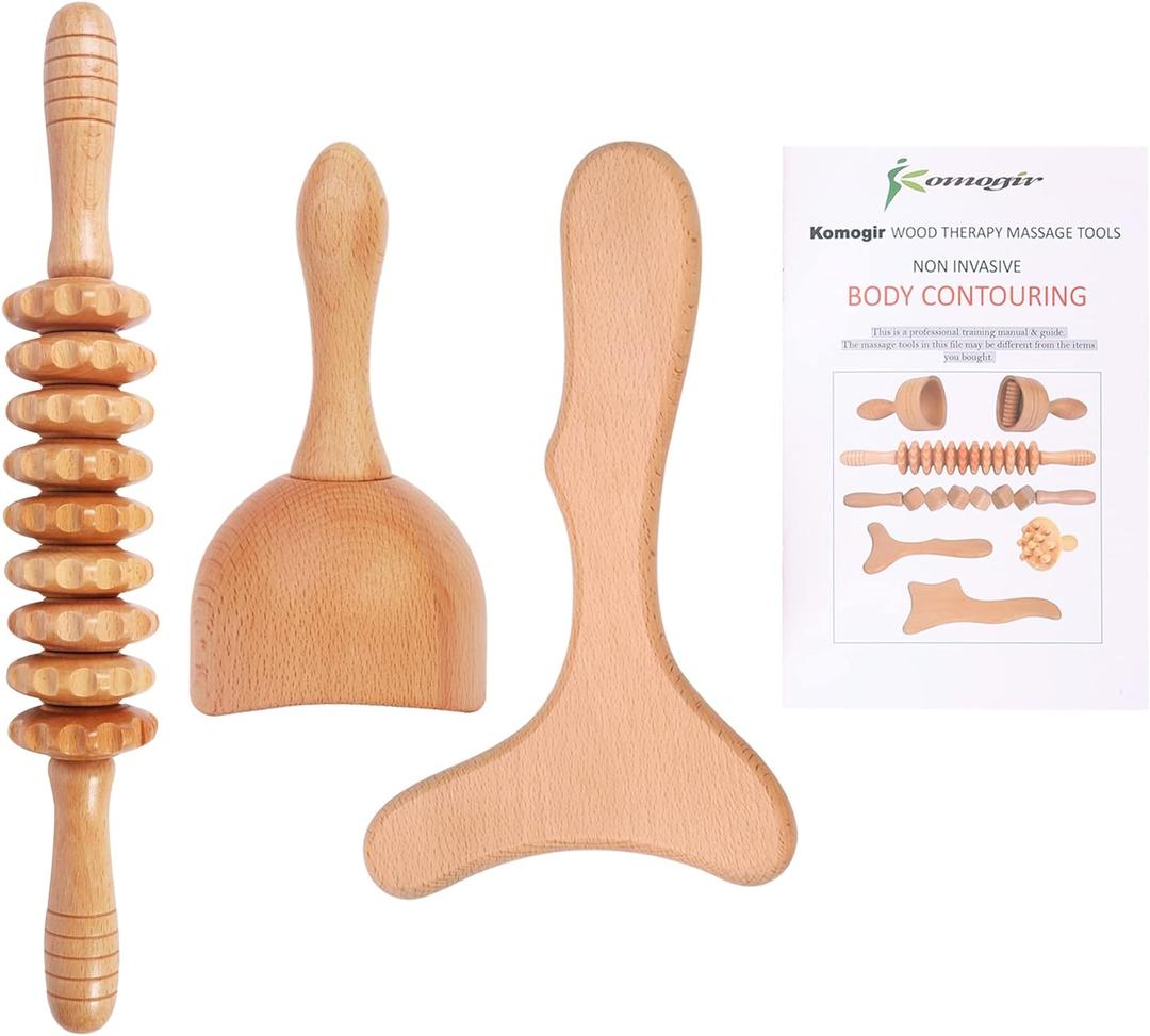 Komogir Wooden Massager 3PCS Wood Therapy Massage Tools Lymphatic Drainage Massager for Anti-Cellulite, Maderoterapia,Body Sculpting
