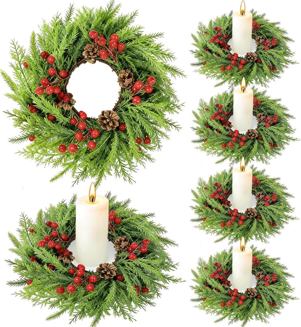 6 Pack Small Christmas Wreath Candle Rings Artificial Pine Branches with Pinecones Red Berries Fake Foliage Pine Needles Picks Candle Rings Holder for Table Centerpiece Home Door Window Chair Wall