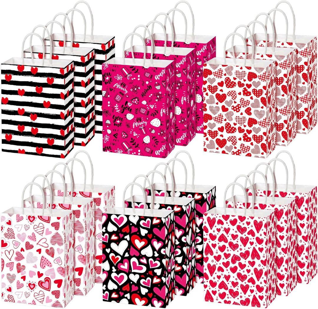 Chivertion 150 Pcs Valentine's Day Gift Bags with Handle Bulk Galentines Heart Paper Goodie Treat Bags for Valentines Galentines Day Party Favors Gift Wrapping Supplies 6 Style, 8 x 6 x 3 Inches