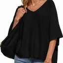 Saodimallsu Womens Short Sleeve Sweater Summer Oversized V Neck Knitted Pullover Trendy Casual Tops (L)