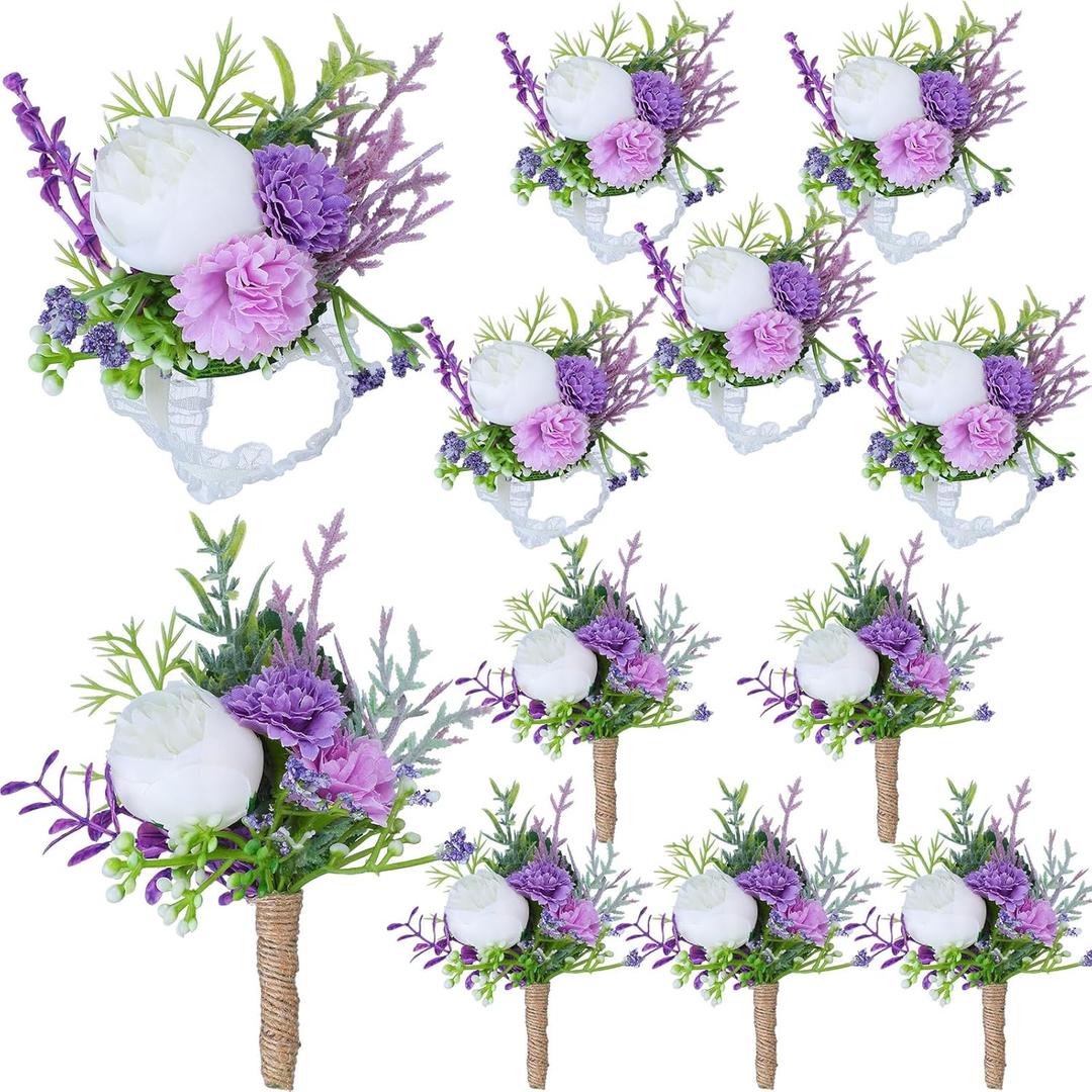 12 Pcs Wedding Corsage and Boutonniere Set Artificial Rose Wedding Corsage Wristband with Pins for Prom Men Bride Party Accessories Groom Groomsmen Bridesmaids Women (Bright,Purple)
