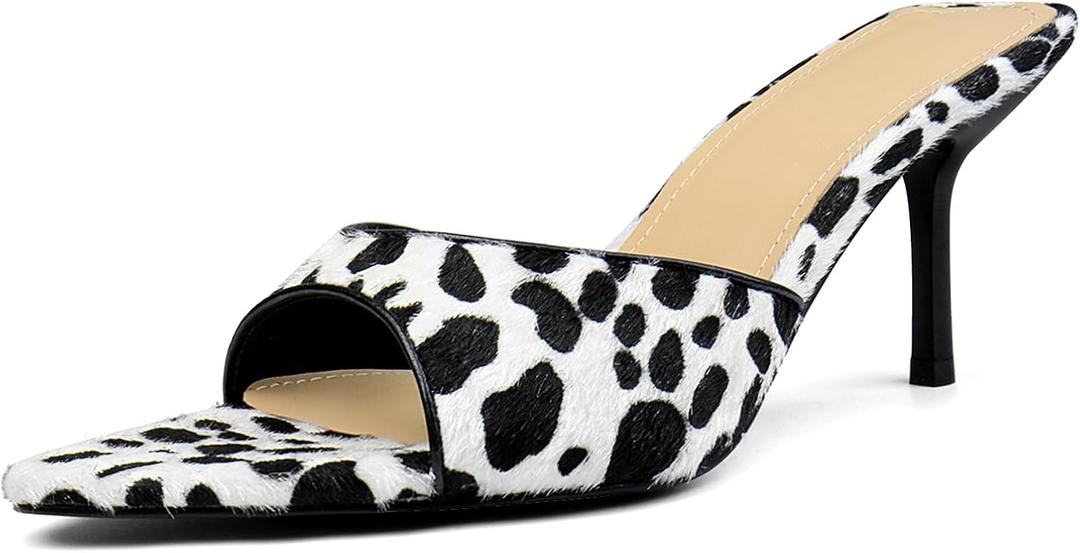 QIV Leopard Kitten Heels Pointed Toe Mule Heels for Women Open Toe Kitten Heel for Party Dressy Wedding (9.5)
