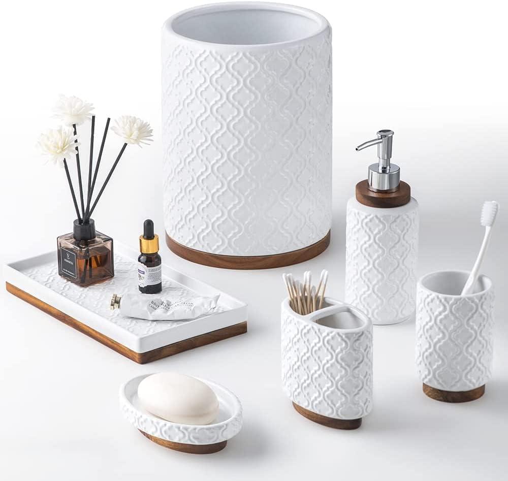 RQYIXI Elegant 6 PCS Ceramic&Wood Bathroom Accessories Set:Soap Dispenser, Toothbrush Holder, Tumbler, Soap Dish, Tray, Trash Can, Easy to Clean, Quatrefoil Pattern, White-Affordable Home Luxury