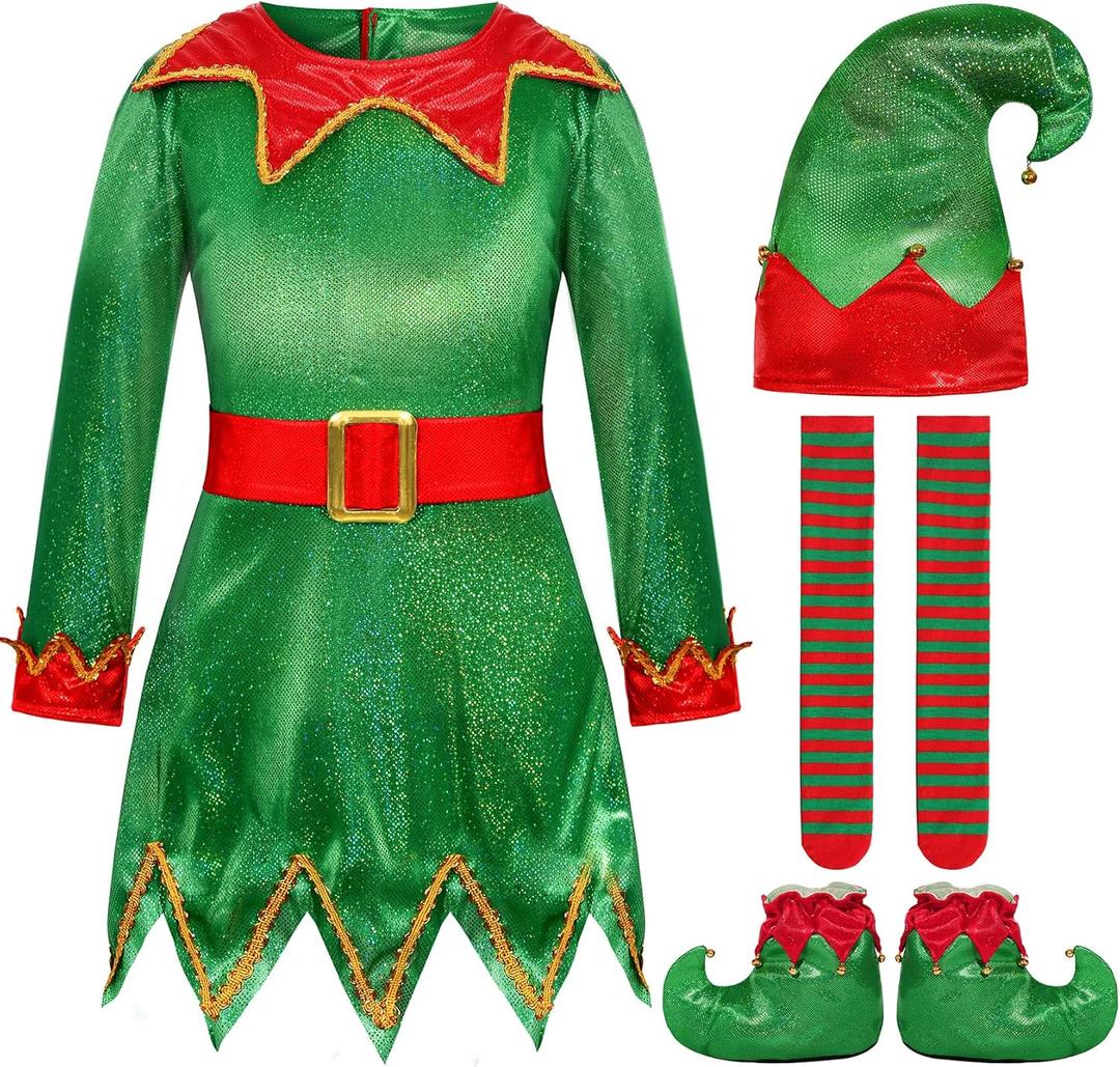 Costumerry Elf Costume for Girls Kids Elf Santa's Dress Christmas Outfit (Green, 3-5T)