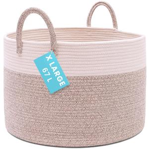 OrganiHaus Large Woven Storage Basket for Blankets and Toys 20" x 13" Inch, Rope Laundry Basket with Handles, Cushions & Pillows Storage Bin, Nursery Hamper, Soft Round Dog Toy Bin - Brown/Off-White (Wide)