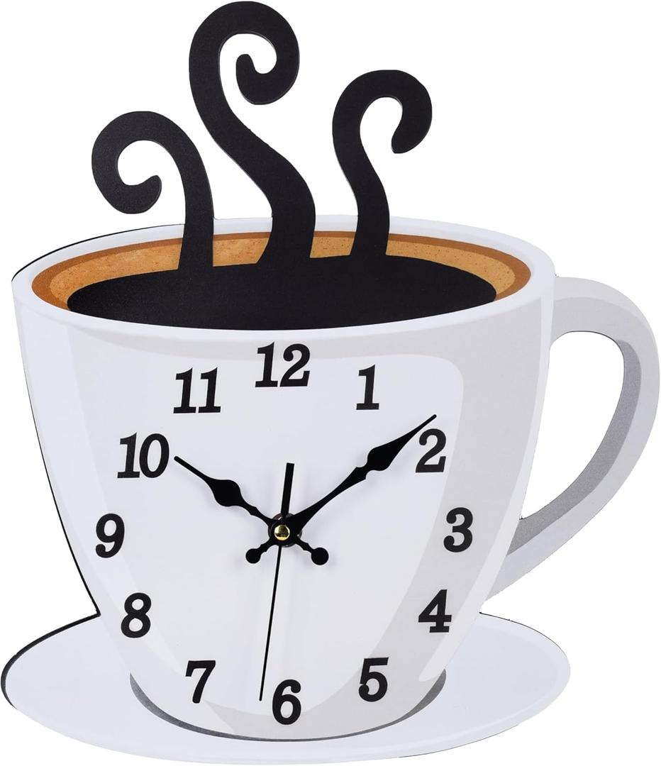 Fomaris Coffee Cup Wall Clock - White Modern Farmhouse Decor, Silent Non-Ticking Battery Operated Kitchen Clock for Coffee Bar, Cafe & Restaurant, 10.2x12 Inch