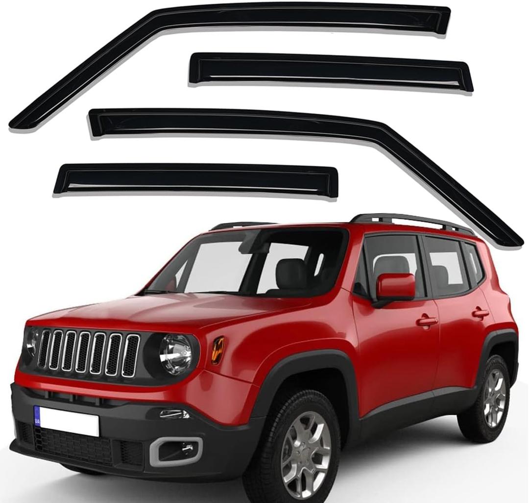 Lightronic Extra Durable Outside-Mount Auto Vent Window Visor, Fits 2015-2022 Jeep Renegade, UV Protection Rain Guard, Original Wind Deflector, No-Drill Easy Install, Dark Smoke, 4-Pcs