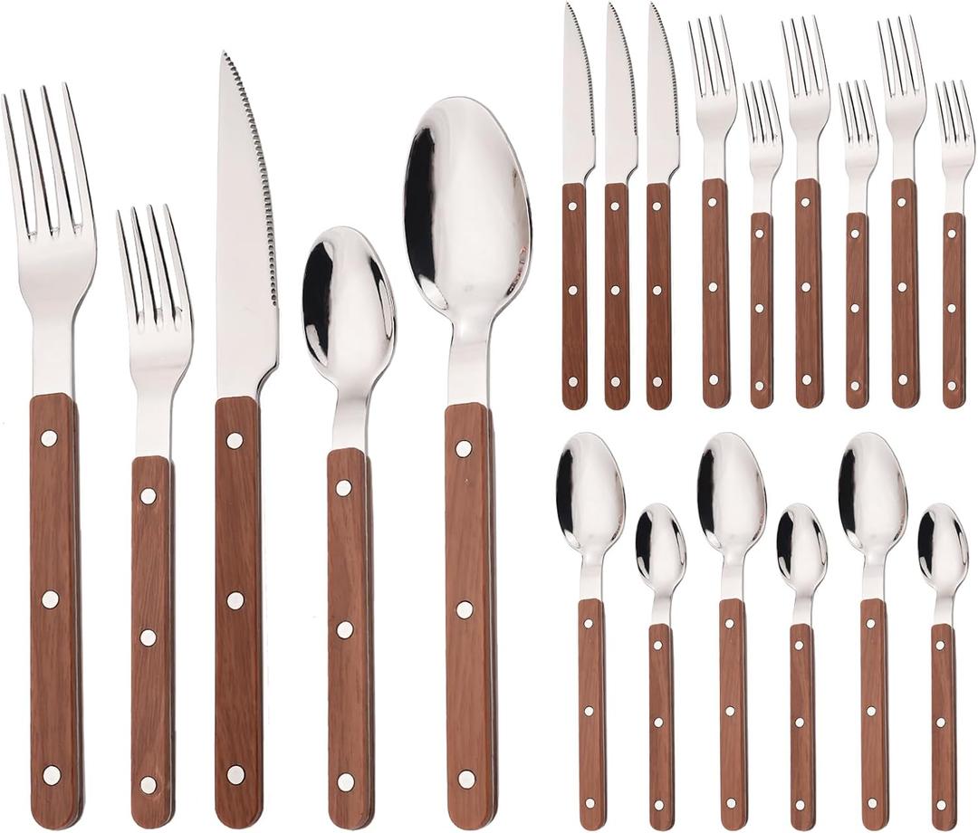 20-Piece Silverware Eating Utensils Set with Retro Handle, Service for 4, BRIIEC Stainless Steel Flatware Knife Fork Spoon Set Mirror Dishwasher Safe - Brown Handle