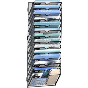 14 Tier Wall Hanging File Organizer, Paper Folder Holder Wall Mounted, Metal Mail Sorter for Office Home School, Black