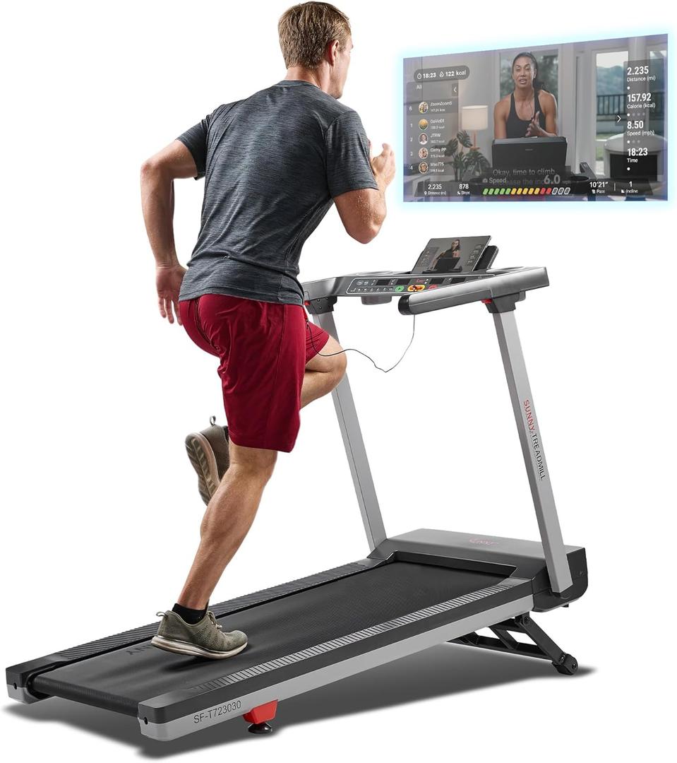 Sunny Health & Fitness Fully Assembled OneClick-Fold 20" Smart Treadmill with Auto Incline & SunnyFit App (Gray)