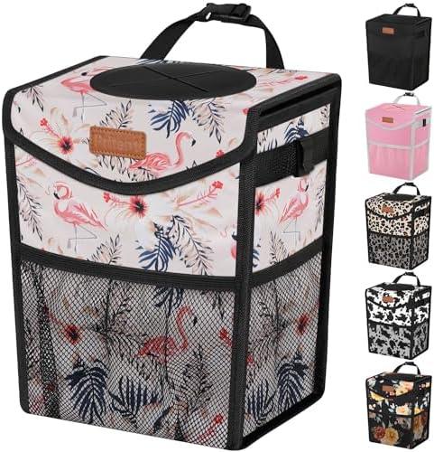 Pritent Car Trash Can with Lid, Cute Leakproof Car Trash Garbage Bag Hanging Vehicle Trash Bin Small Portable Automotive Garbage Cans Organizer for Back/Front Seat(Trapezoid,Flamingo Print