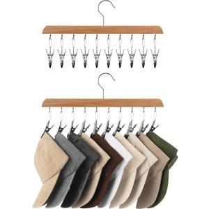 StorageWorks Hat Rack, Closet Organizer and Storage for Baseball Caps,Set of 2 with 10 Adjustable Stainless Steel Clips, Fits All Caps, Natural Wood Color (14"W x 7.5"H)