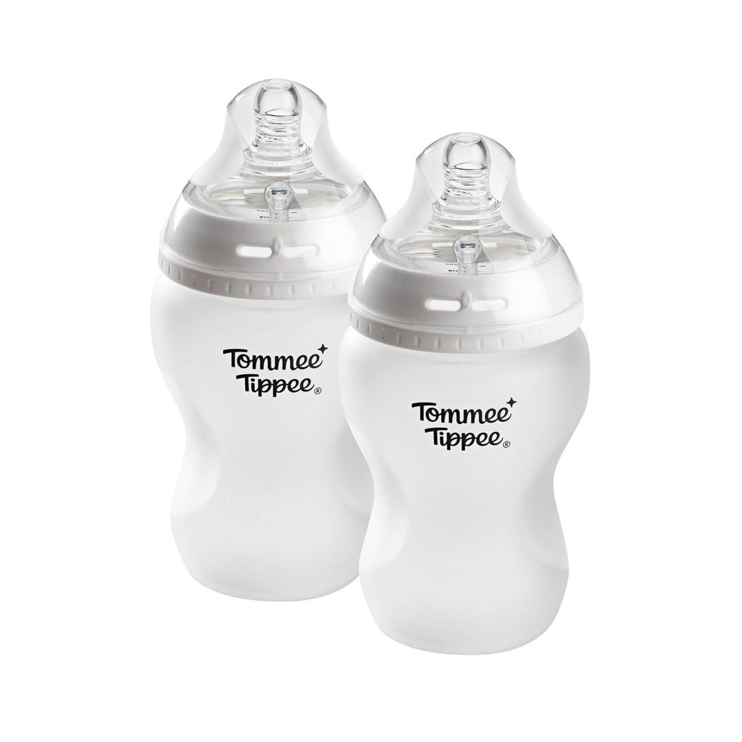 Tommee Tippee Silicone Coated Glass Baby Bottles for Feeding, 9 0z, Anti-Colic, 0+ Months, Slow Flow Breast-Like Nipple, Shatter-Proof Glass, BPA Free, Pack of 2