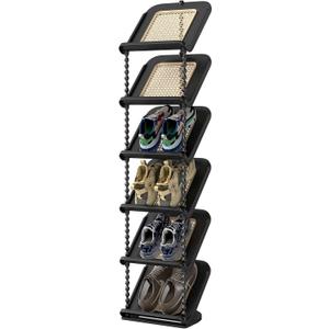 Retro Rattan Vertical Shoe Rack, Free Standing Shoe Storage Cabinet, Small Shoe Rack, Storage Rack, Suitable for Small Spaces and Narrow Spaces (Black, 6-Tier)