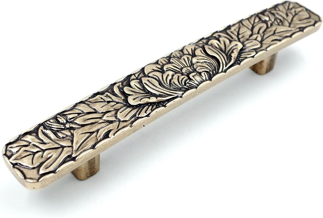 JETLAND Bridged Drawer Cabinet Pulls, 4-Pack Antique Brass 4" Hole Centers, Antique Peony Solid Cast, TG0115AB102