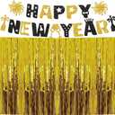 New Years Eve Party Supplies 2025, 2 Pack Gold Fringe Backdrop Gold Tinsel Curtains and Glitter Happy New Year Banner, New Years Eve Decorations Photo Props