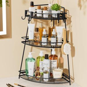VITVITI 3 Tier Corner Bathroom Counter Organizer, Metal Bathroom Countertop Organizer Shelf Storage, Bath Room Sink Makeup Organizers for Vanity Skincare with Hooks, Black