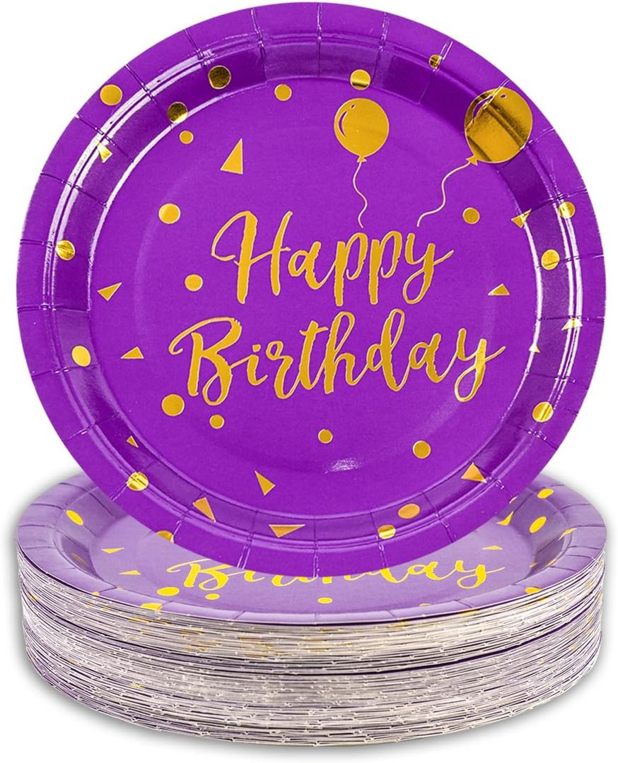 50 Pcs Purple and Gold Paper Plates,9 inch Halloween Paper Plates Disposable Happy Birthday Dessert Cake Plate Party Supplies for Halloween Fall Thanksgiving Birthday Wedding Party Decorations