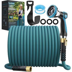 FlexiSolve NON-EXPANDABLE Garden Hose 75 ft, Ultra Lightweight Flexible Water Hose with 10-Pattern Nozzle & Shut-Off Valve, Holder, Leakproof & Kink-Resistant Reinforced Fittings for Yard Outdoor