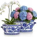 Blue and White Ceramic Planter Pot – Vintage Floral Oval Cachepot Vase for Indoor Plants, Flowers & Succulents – Glazed Chinese Porcelain Style Decorative Bowl – 7.4" or 10.6" Size – No Drainage