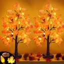 2 Packs 24 Inch Lighted Maple Tree Fall Thanksgiving Decorations with 48 LEDs Timer Battery Operated 3D Acorn Maple Lampshade Artificial Autumn Tree Lights for Thanksgiving Table Decor Home Indoor