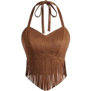 UpFind Women's Brown Fringe Halter Tops Sexy Faux Suede Boho Tops Cowgirl Outfits for Women, Large