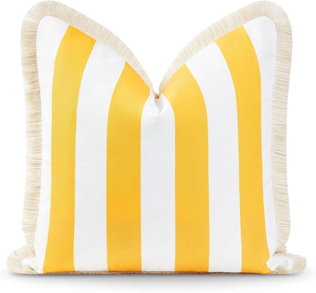 Hofdeco Premium Coastal Patio Indoor Outdoor Pillow Cover Only, 20"x20" Water Resistant for Backyard, Couch, Yellow Stripe Fringe (Yellow Stripe 20"x20")