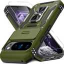 DEERLAMN Case for Google Pixel 10 Pro XL with Slide Camera Cover+Screen Protector(1 Pack), Rotated Ring Kickstand Military Grade Shockproof Protective Cover-Olive Green