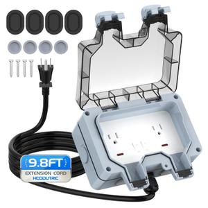 Outdoor Power Outlet Box with 9.8Ft Extension Cord, NEMA 5-15R, IP66 Waterproof Outlet Box 14AWG Wire Double Socket with Lockable Cover & LED Indicator for Garden & Outdoor Use
