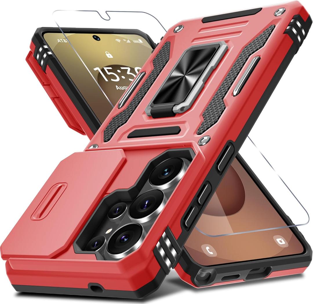DEERLAMN Case for Samsung Galaxy S26 Ultra 6.9-Inch with Slide Camera Cover+Screen Protector(1 Pack), Rotated Ring Kickstand Military Grade Shockproof Protective Cover-Red