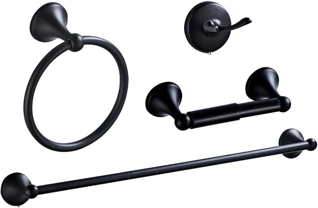 Matt Black Bathroom Accessory Set, Adjustable Towel Bar,Towel Ring,Toilet Paper Holder,Robe Hook 4-Piece Bathroom Hardware Set Wall Mounted (Matt Black)