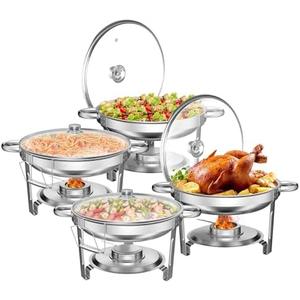 WARMOUNTS Round Chafing Dishes for Buffet with Glass Lid (5QT, 4 Pack) - 95% Pre-Assembly, Food-Grade Stainless Steel Chafers and Buffet Warmers Sets with Lid Holder, Rolled Edge Design, for Party, Silver
