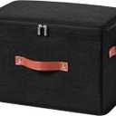 Storage Bin Box with Zippered Lid Decorative Collapsible Basket | Cotton Linen Fabric, Washable Foldable Stackable Clothes Container, Closet Shelf Organizer w/ PU Leather Handles, Black-Large